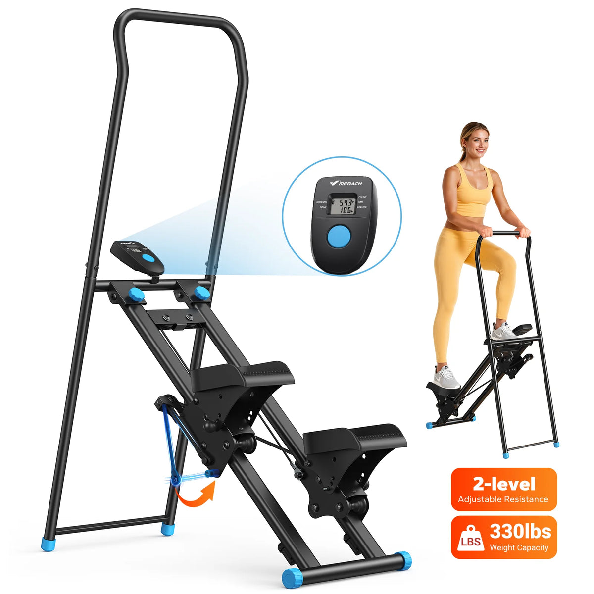 MERACH Stair Stepper for Home Gym Exercise, New Version Stairmaster for Full-Body Workout, Compact Folding Stair Climber with Extended Step Range, Adjustable Handlebar/Pedal
