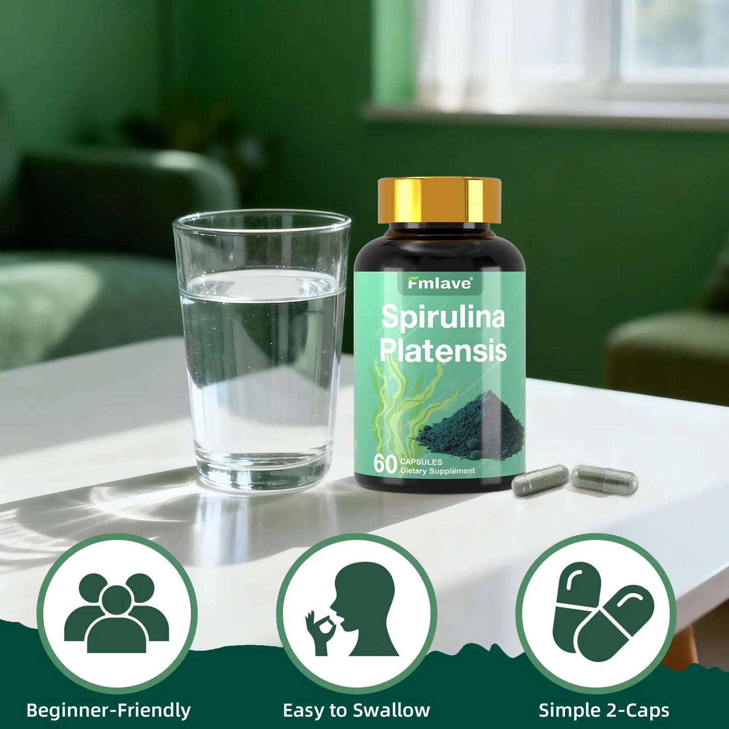 Fmlave Supplements Organic Spirulina - Protein Rich Blue Green Algae Superfood Supplement for Energy and Immune Support, 60 Vegetarian Capsules