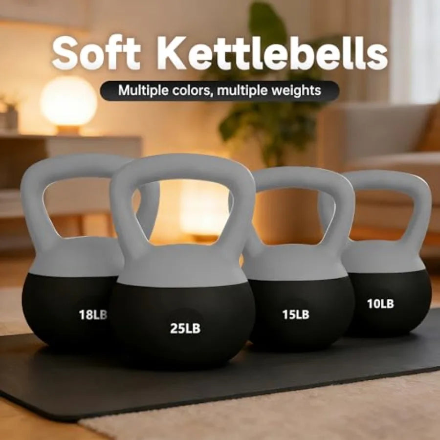 Home workout soft kettlebells: sand-filled color-coded anti-slip black and gray
