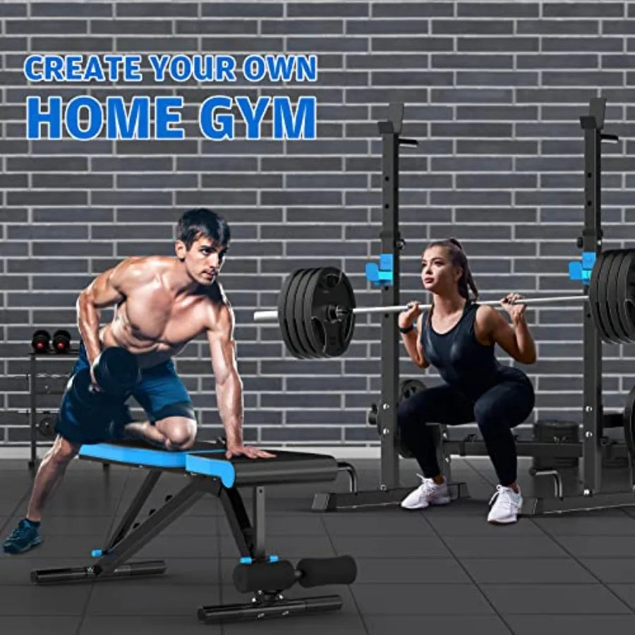 Adjustable Weight Bench with Squat Rack for Home Gym Full-Body Workout Steel Black Two-Piece Set Bench Press Stand Barbell Rack