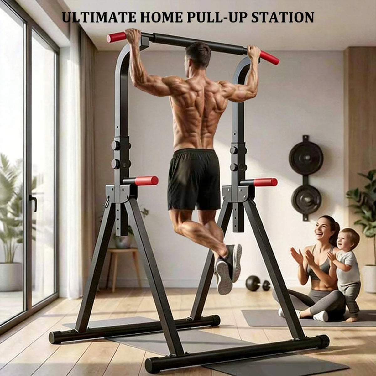 Foldable Power Tower Pull Up Bar, Multi-Function Dip Station with 6-Level Adjustable Height, 440lbs Max Capacity Home Gym Strength Training Equipment