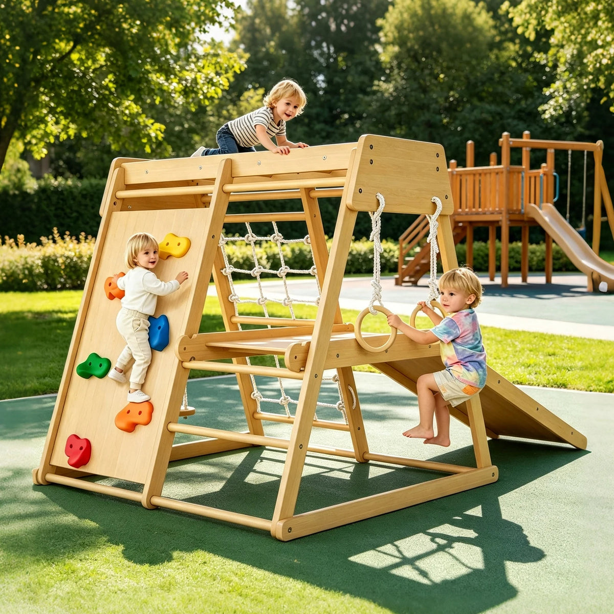 6 In 1 Wooden Indoor Jungle Gym For Kids, Slide Climber Playset With Monkey Bars, Rock Wall, Rope Net, Rings & Ladder For Home