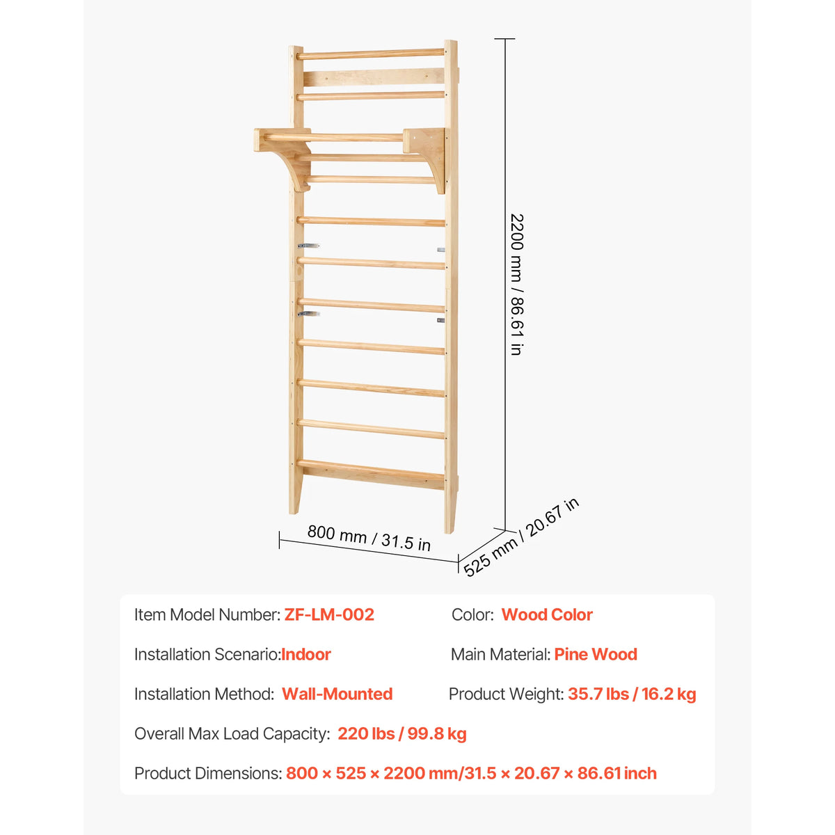 VEVOR 220lbs Swedish Ladder Wall Gym Solid Wood Indoor Jungle Gym for Kid Gymnastic Stall Bars w/ Pull-Up Bar for Boys Girls