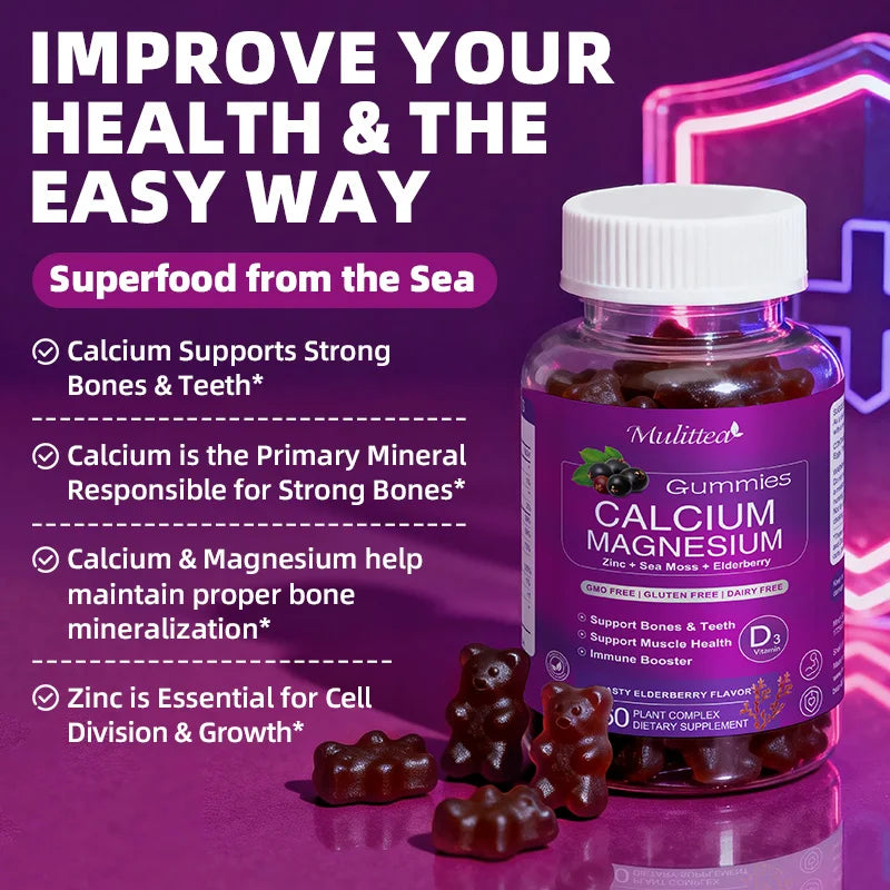 Mulittea Plant Based Calcium Supplement with Vitamin D3,K2 Gummy for Bone Strength, Contains Whole Food Natural Minerals-Bone Health, Calm Mood & Sleep Support for Women & Men (2 Pack)