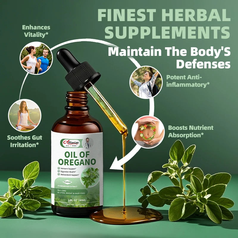 Alliwise 60ML Organics Oregano Oil Drops with Vitamin E & Black Cumin Seed Oil for Immune Support Digestive Health Respiratory Health Support Cleanse & Detox Support Promotes Healthy Flora Balance