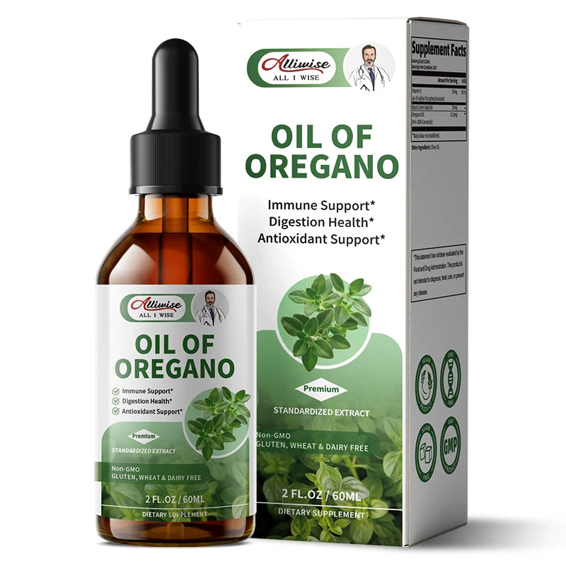 Alliwise 60ML Organics Oregano Oil Drops with Vitamin E & Black Cumin Seed Oil for Immune Support Digestive Health Respiratory Health Support Cleanse & Detox Support Promotes Healthy Flora Balance