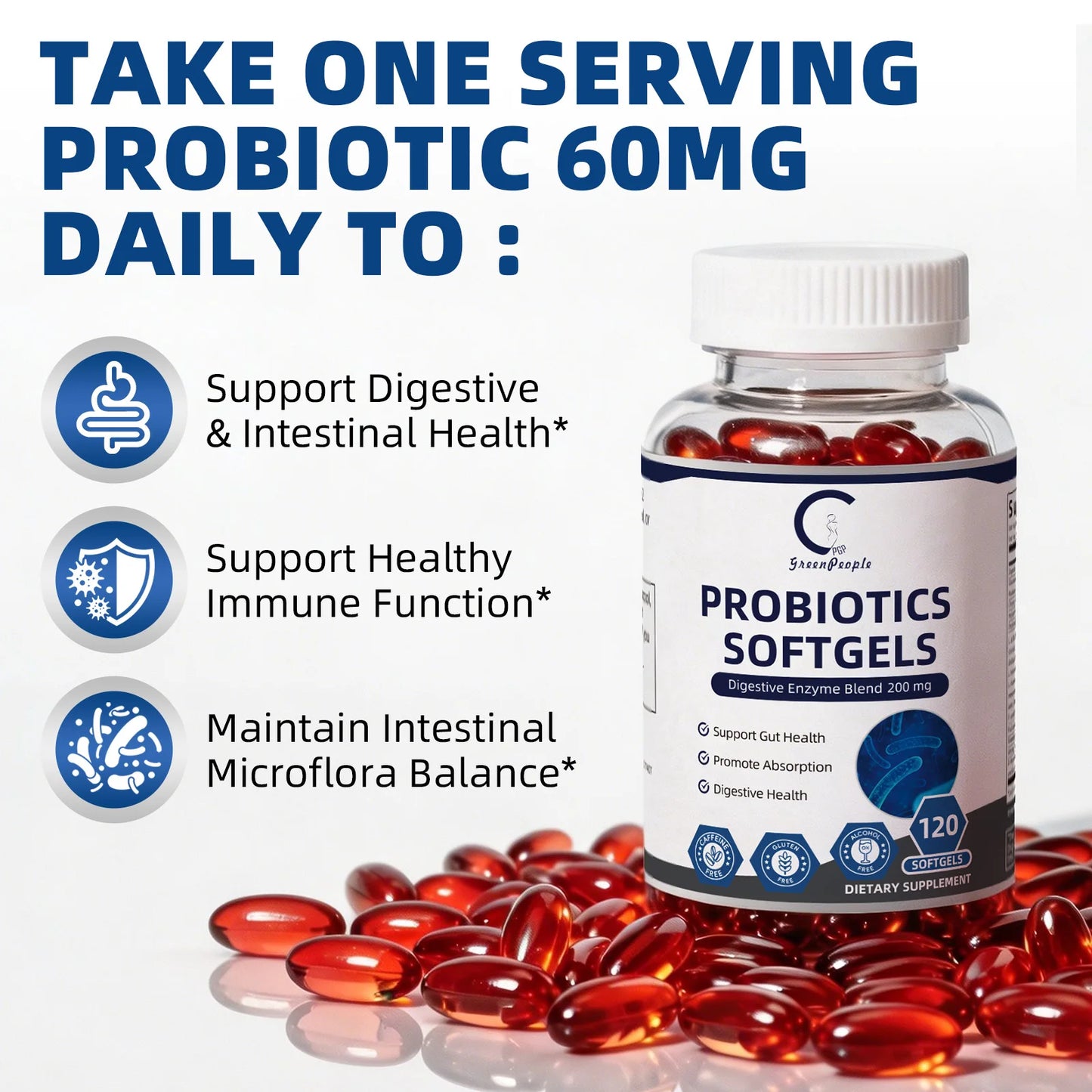 GPGP GreenPeople 120PCS Probiotics Digestive Enzymes Help Digestion Health for Women & Men Supports Gut Flora & Regularity Support Occasional Constipation