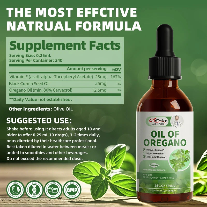 Alliwise 60ML Organics Oregano Oil Drops with Vitamin E & Black Cumin Seed Oil for Immune Support Digestive Health Respiratory Health Support Cleanse & Detox Support Promotes Healthy Flora Balance