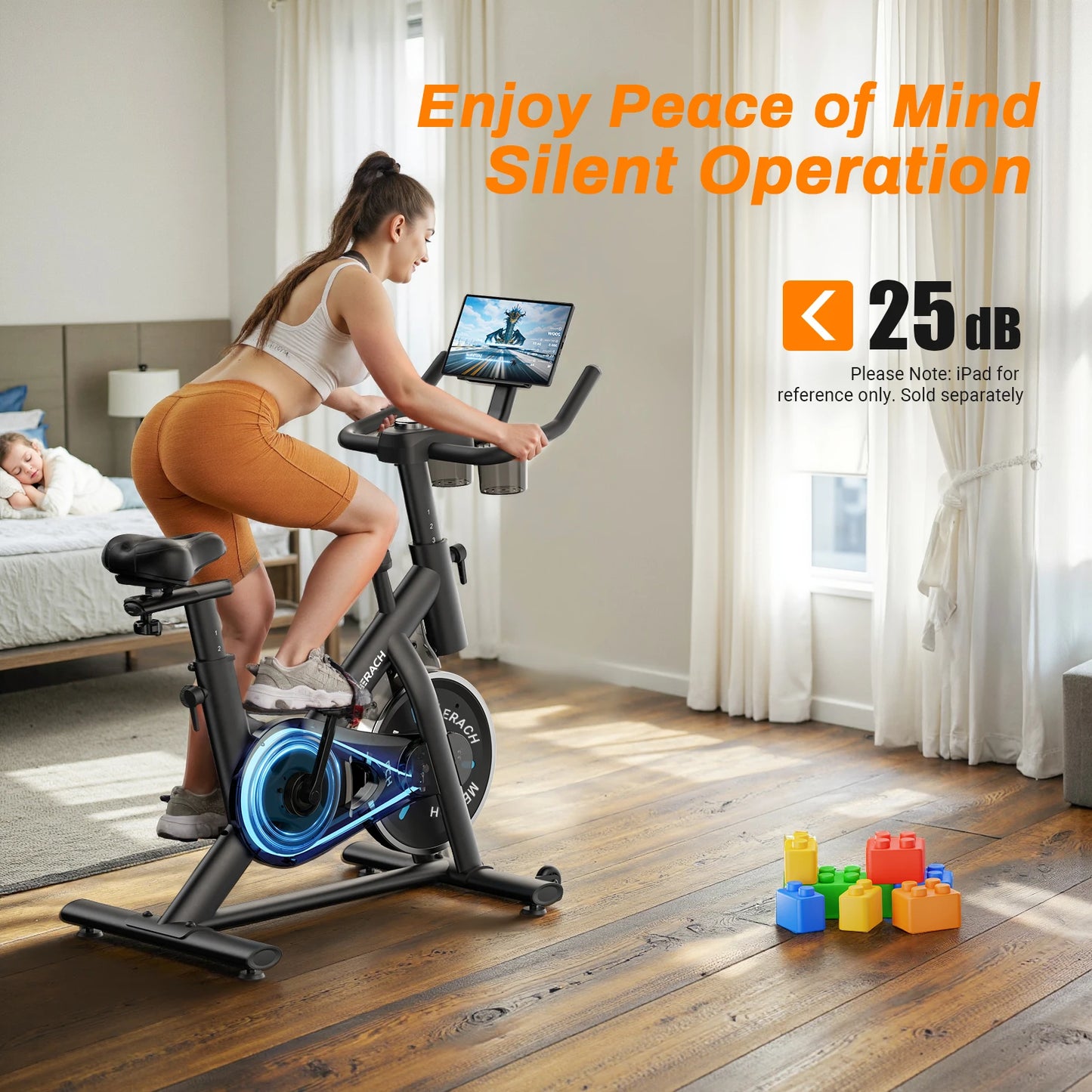 MERACH Exercise Bike Brake Pad Stationary Bike Low Noise Indoor Cycling Bike 270lbs Weight Capacity Tablet Mount Fitness Courses