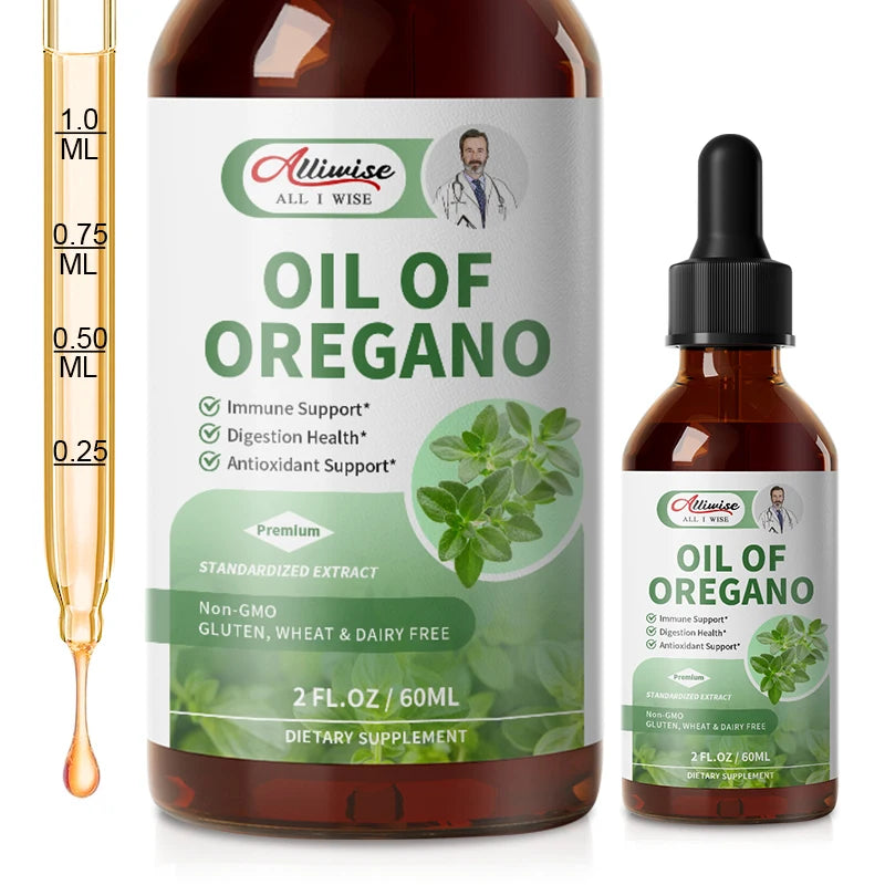 Alliwise 60ML Organics Oregano Oil Drops with Vitamin E & Black Cumin Seed Oil for Immune Support Digestive Health Respiratory Health Support Cleanse & Detox Support Promotes Healthy Flora Balance