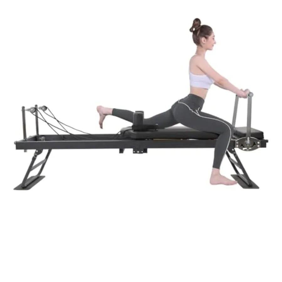 Foldable Pilates Reformer Machine for Home Gym with 3 Adjustable Rope Heights 2 Spring Tension Gears Black Up to 260lbs Capacit