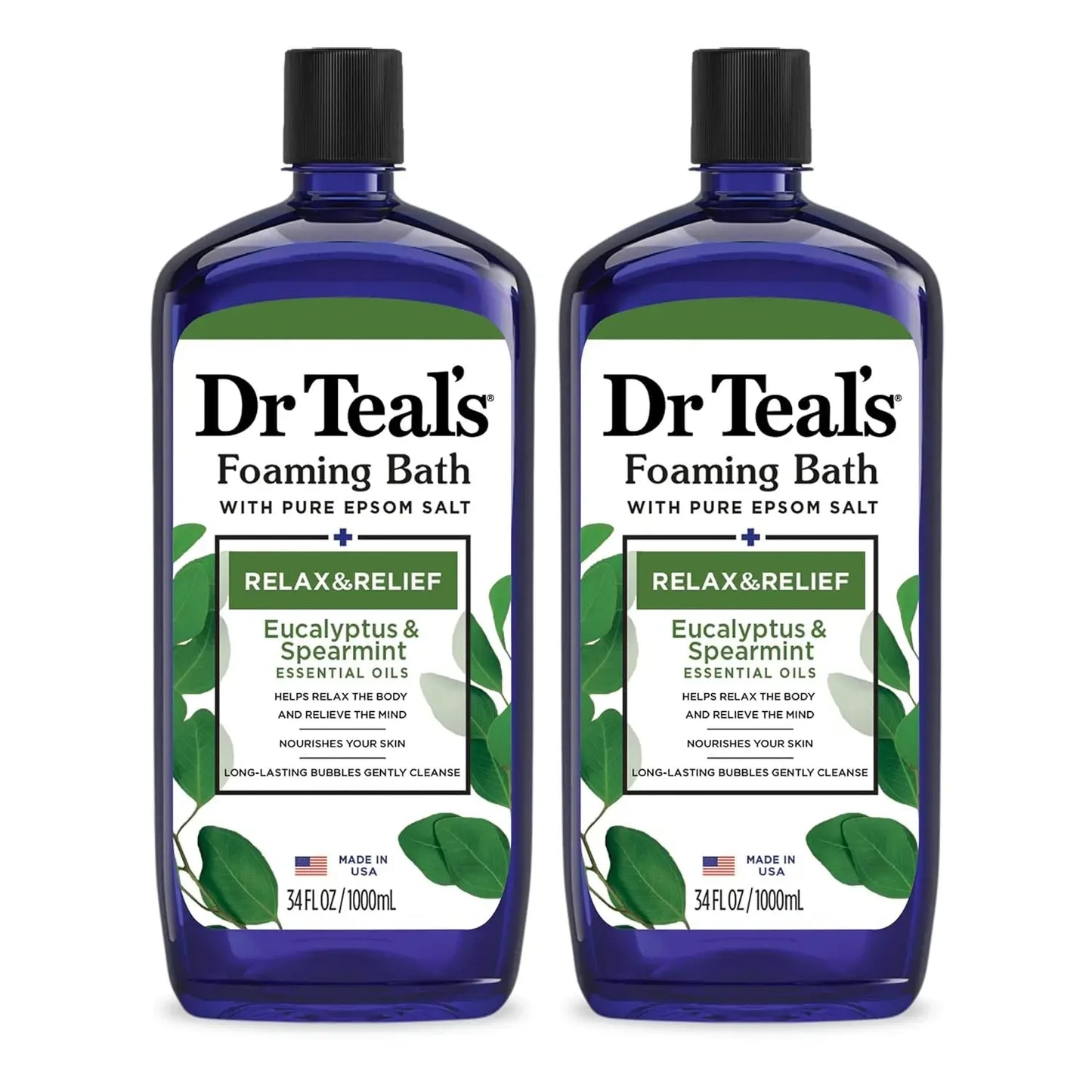 Foaming Bath with Pure Epsom Salt, Relax & Relief, Eucalyptus & Spearmint, 34 fl oz (Pack of 2)