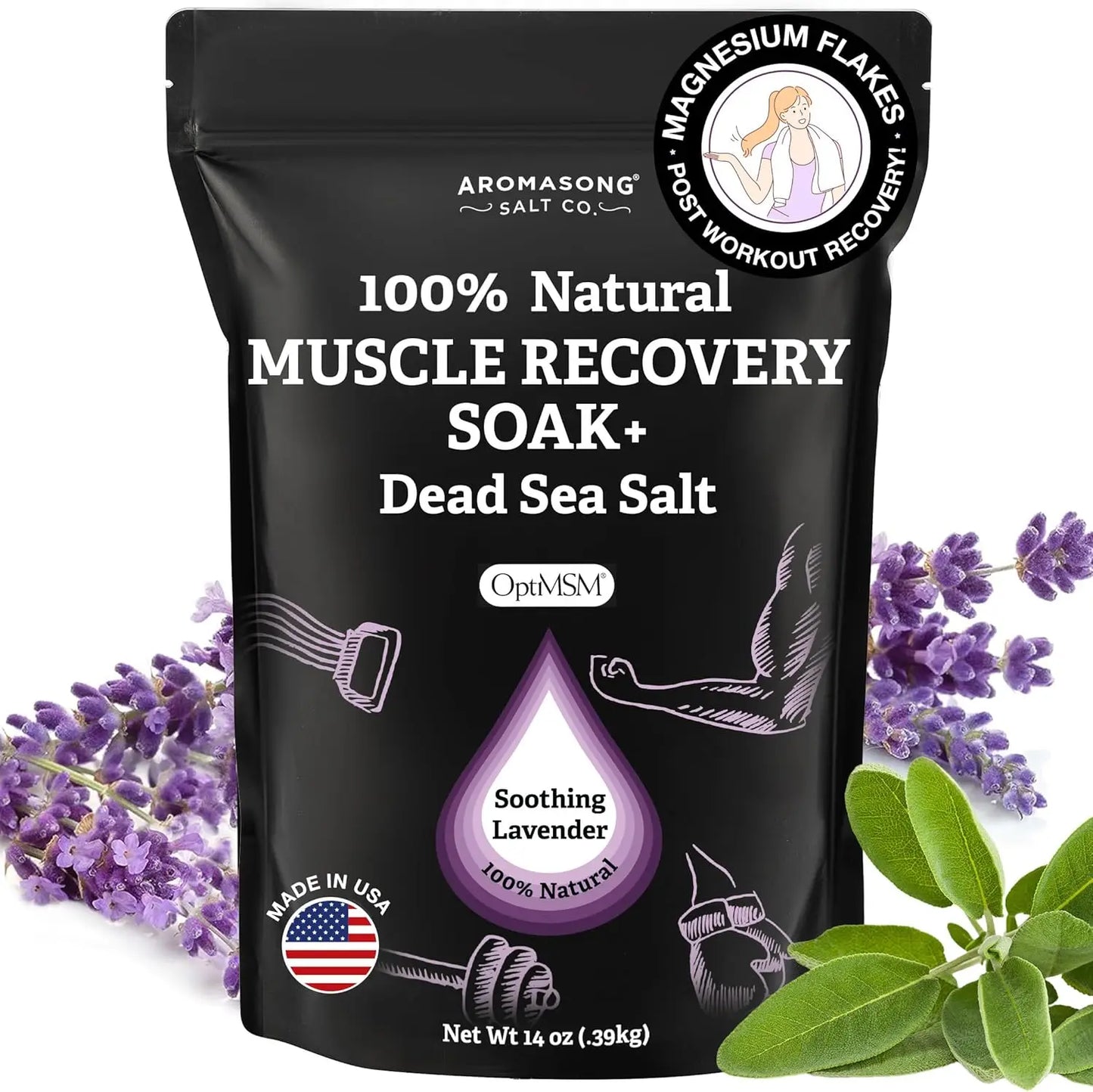 Muscle Recovery Bath Soak with Dead Sea Salt, OptiMSM, Magnesium Flakes & Essential Oils for Post Workout Soreness - Made in USA