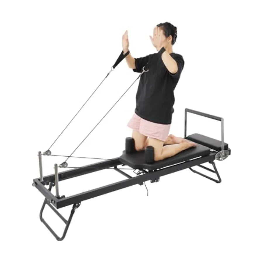 Foldable Pilates Reformer Machine for Home Gym with 3 Adjustable Rope Heights 2 Spring Tension Gears Black Up to 260lbs Capacit