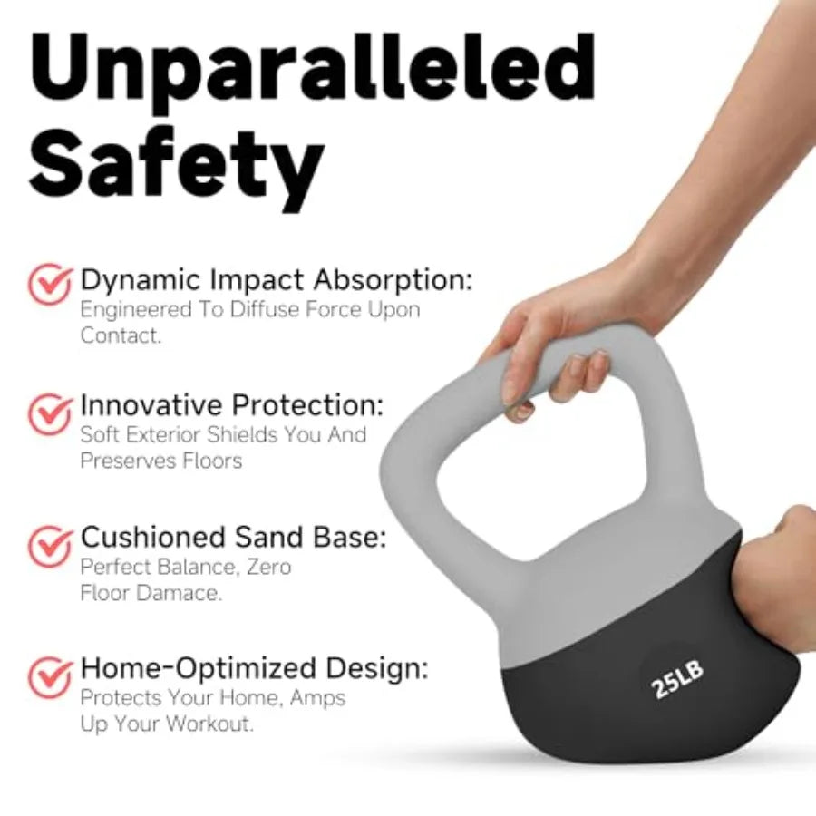 Home workout soft kettlebells: sand-filled color-coded anti-slip black and gray