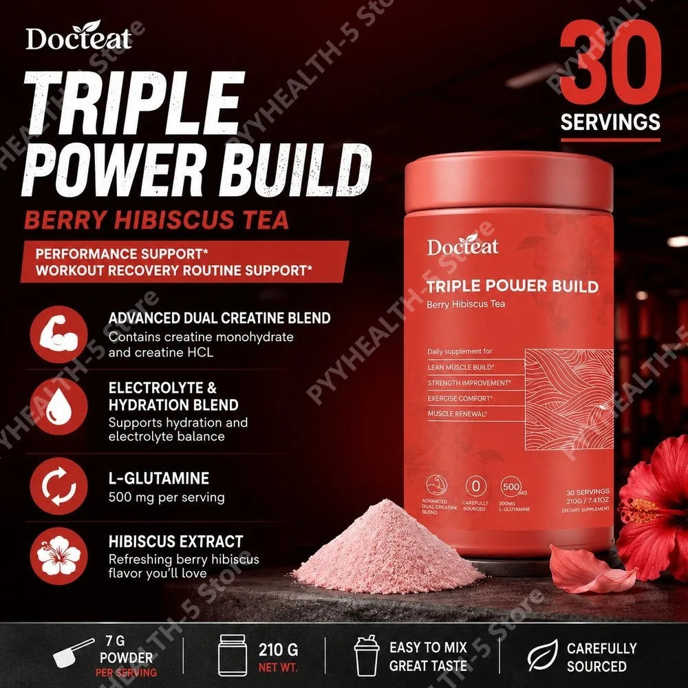 Docteat Berry Hibiscus Tea Creatine Powder with Creatine HCL and L-Glutamine, Supports Hydration and Electrolytes, 30 Servings