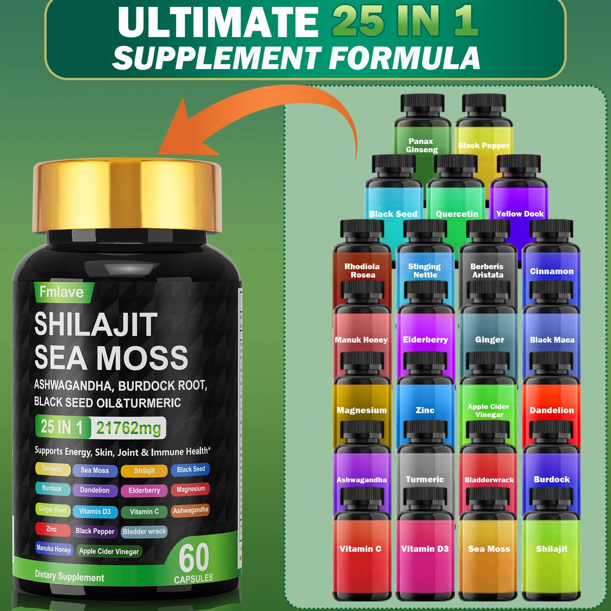 Sea Moss Shilajit Ashwagandha , Sea Moss Capsule Supplement with Turmeric Burdock Root Bladderwrack Vitamin C Vitamin D3 Enhanced Immunity & Energy Black Seed Oil Capsule