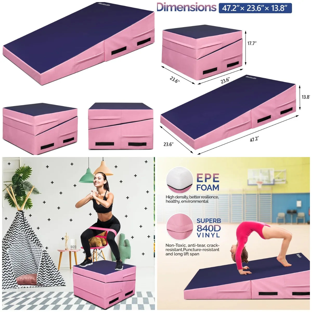 48'x24'x14' Tumbling Mat - Folding Gymnastics Cheese Wedge Mat for Kids, Girls Home Training
