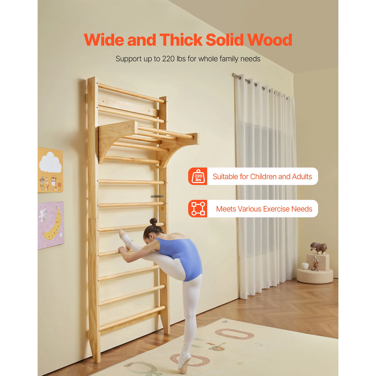 VEVOR 220lbs Swedish Ladder Wall Gym Solid Wood Indoor Jungle Gym for Kid Gymnastic Stall Bars w/ Pull-Up Bar for Boys Girls