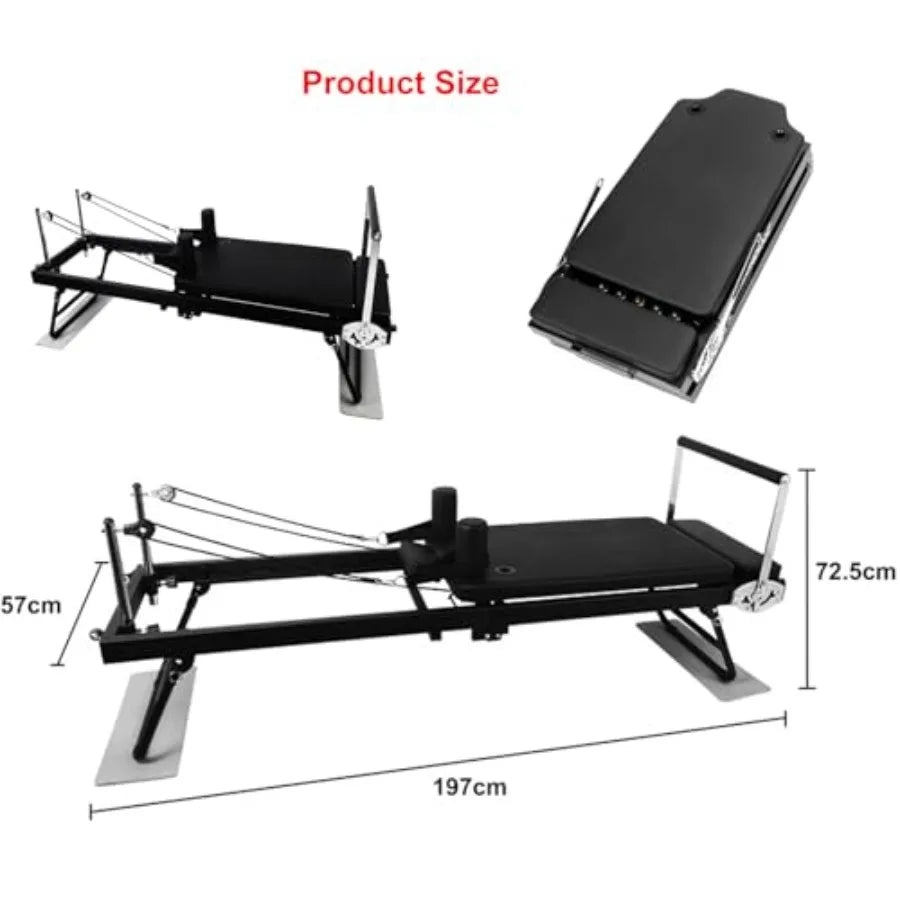 Foldable Pilates Reformer Machine with Adjustable Intensity Multifunctional Exercise Bed for Yoga and Body Training Black Steel