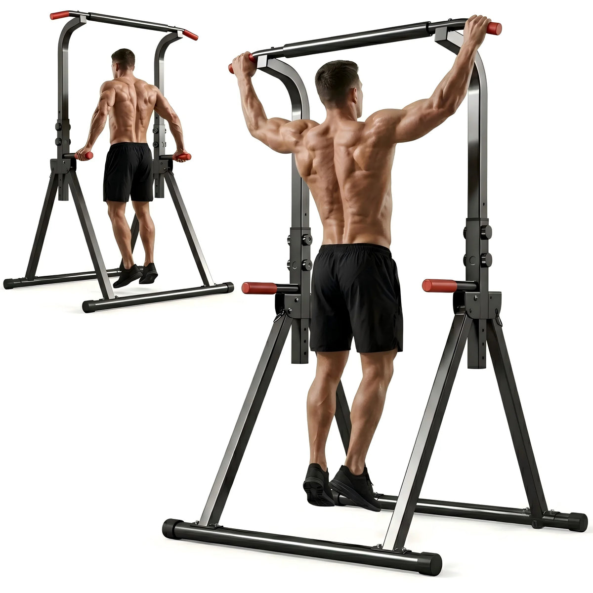 Foldable Power Tower Pull Up Bar, Multi-Function Dip Station with 6-Level Adjustable Height, 440lbs Max Capacity Home Gym Strength Training Equipment