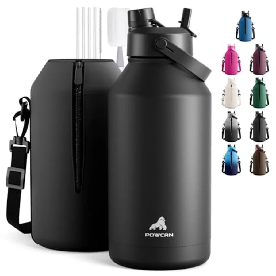 64 oz Insulated Water Bottle with 2-in-1 Straw and Spout Lid, Leakproof, Carrier Bag, Cleaning Brush, BPA-Free, Metal Water Bot