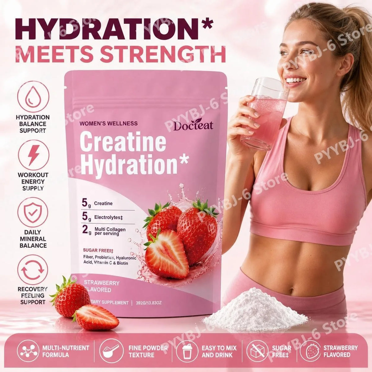 Docteat Creatine Powder Electrolytes Collagen Vitamin C Biotin Sugar Free Strawberry Flavor Women Fitness Wellness 30 Servings