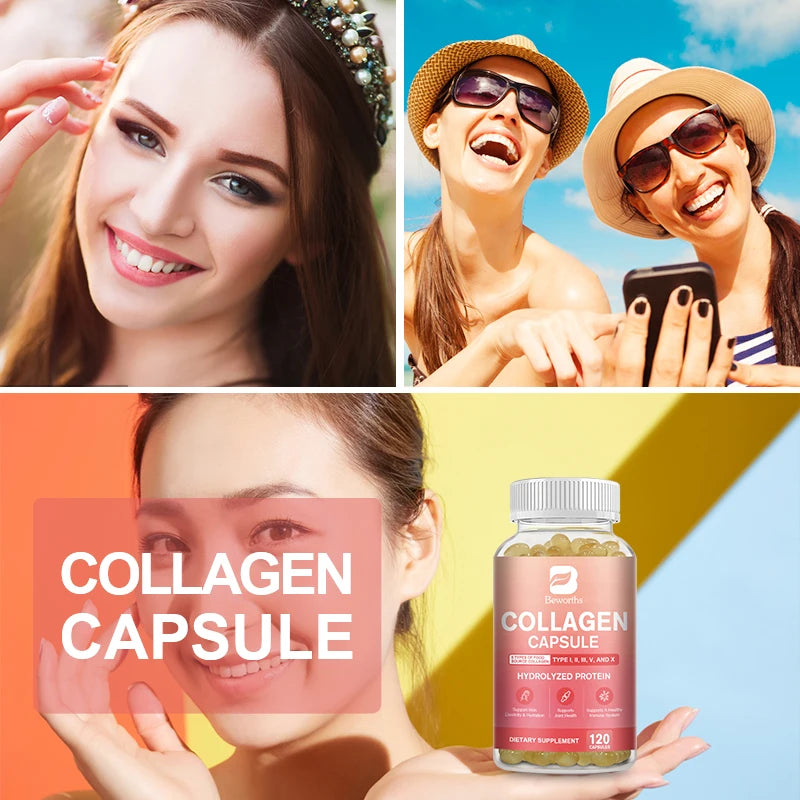 BEWORTHS Collagen Capsules Type I, II, III, V & X Hydrolyzes Protein Collagen Peptides Immune System and Skin, Joint Health