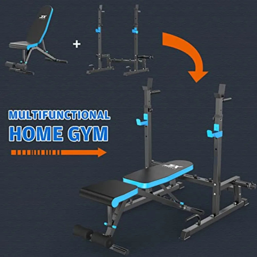 Adjustable Weight Bench with Squat Rack for Home Gym Full-Body Workout Steel Black Two-Piece Set Bench Press Stand Barbell Rack