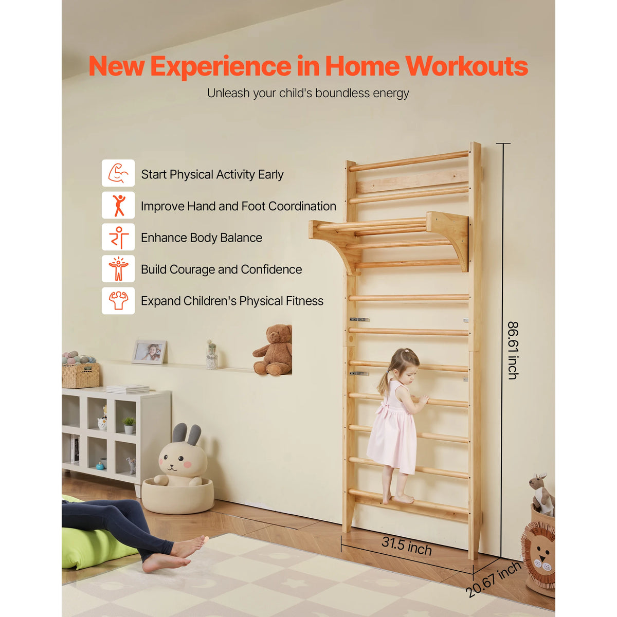 SucceBuy 220lbs Swedish Ladder Wall Gym Solid Wood Indoor Jungle Gym for Kid Gymnastic Stall Bars w/ Pull-Up Bar for Boys Girls