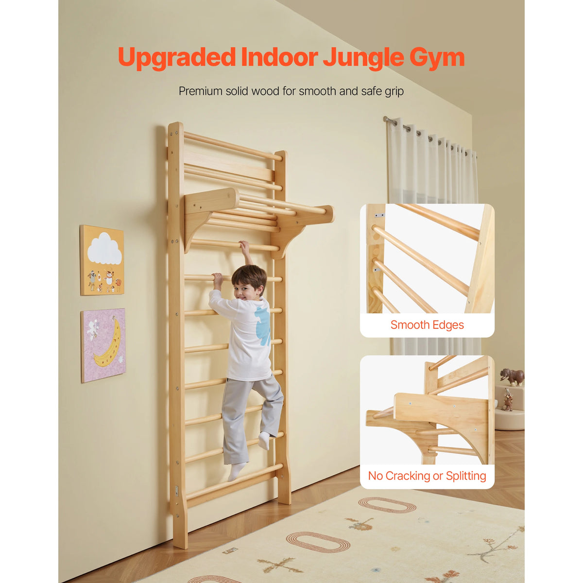 SucceBuy 220lbs Swedish Ladder Wall Gym Solid Wood Indoor Jungle Gym for Kid Gymnastic Stall Bars w/ Pull-Up Bar for Boys Girls