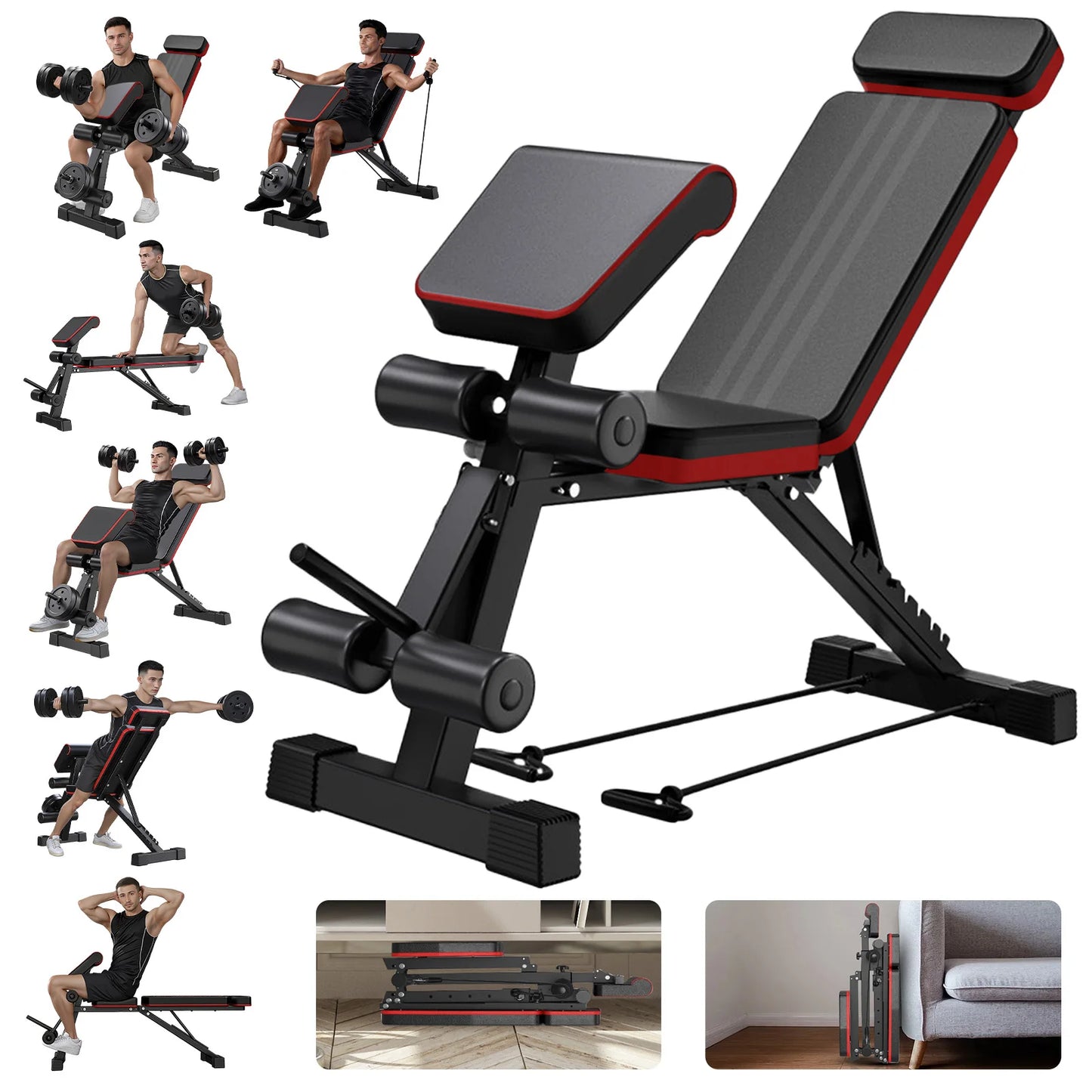 7-Level Foldable Weight Bench Fitness Workout Adjustable Extended Headrest Leg Extension Dumbbell Bench Incline for Full Body