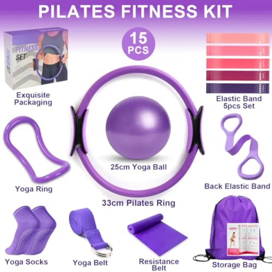 Pilates Ring Equipment Set, Home Pilates Kit for Women with 13'' Magic Ring with Dual Padded Handles, Small Pilates Ball, 5 Res