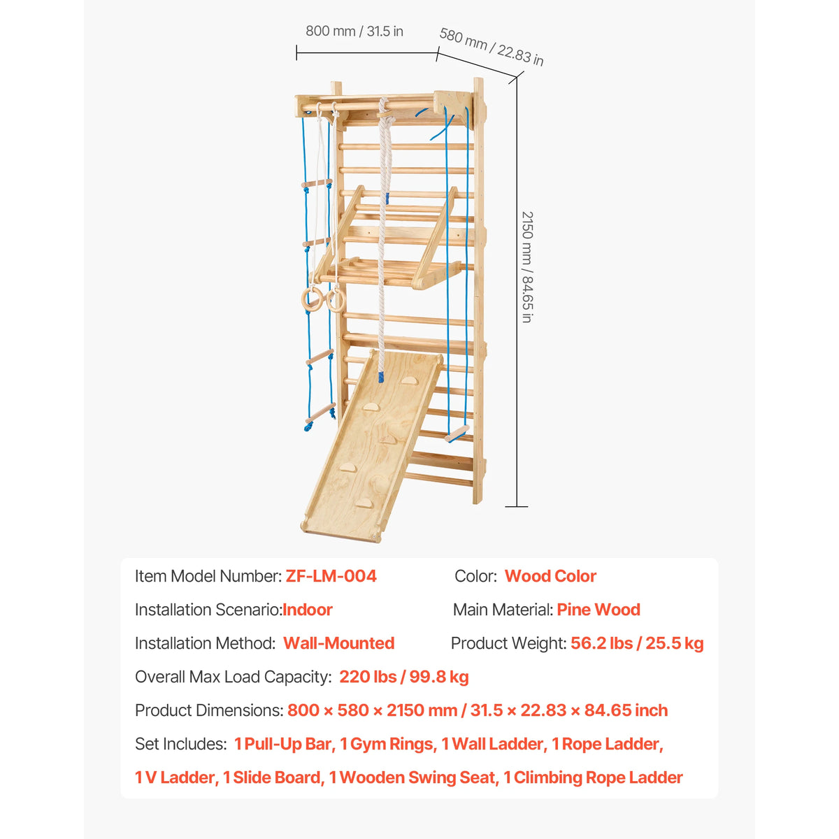 SucceBuy 220lbs Swedish Ladder Wall Gym Solid Wood Indoor Jungle Gym for Kid Gymnastic Stall Bars w/ Pull-Up Bar for Boys Girls