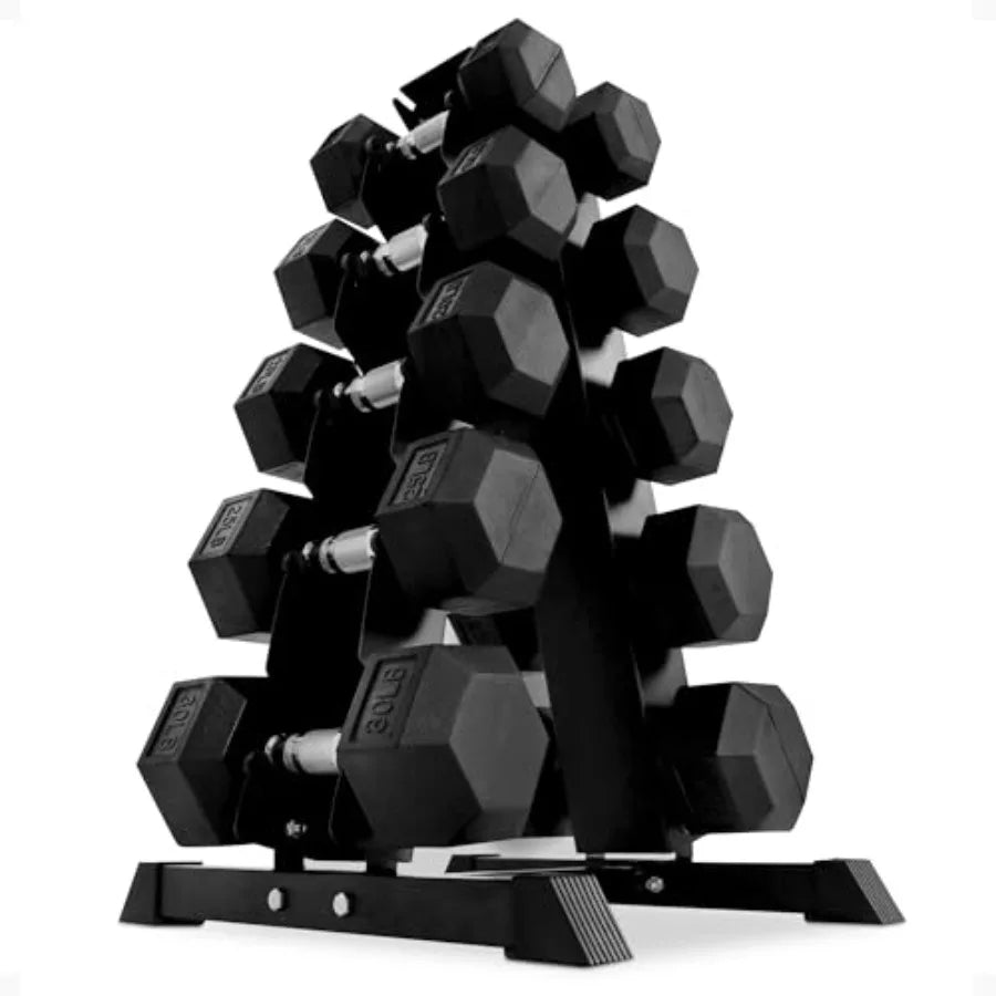 Rubber Coated Hex Dumbbell Set with A-Frame Rack Black Solid Cast Iron Home Gym Weights with Chrome Handles for Full-Body Stren