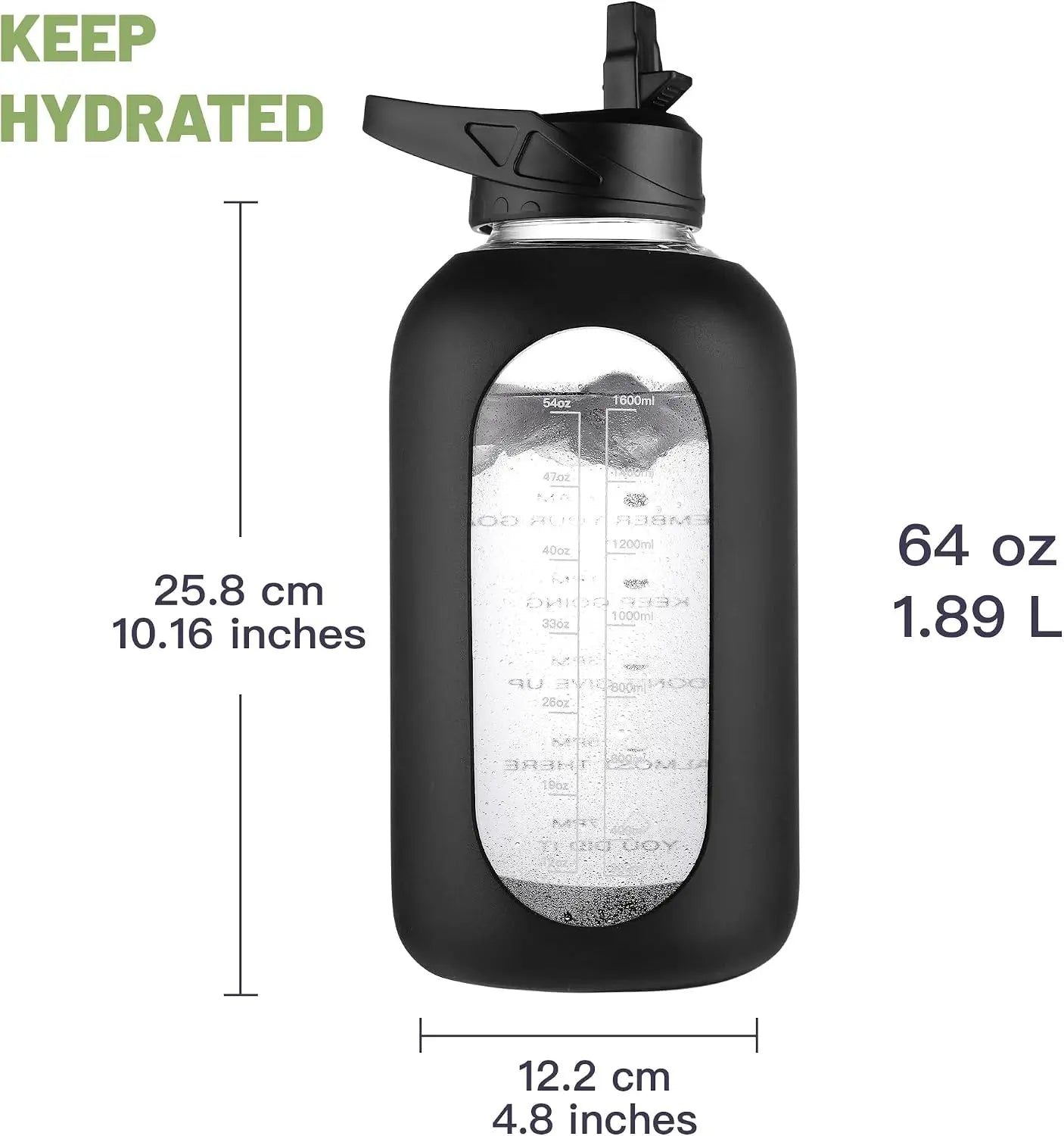 64 oz Glass Water Bottle with Straw, Time Marker, Insulated Holder, 2 Lids