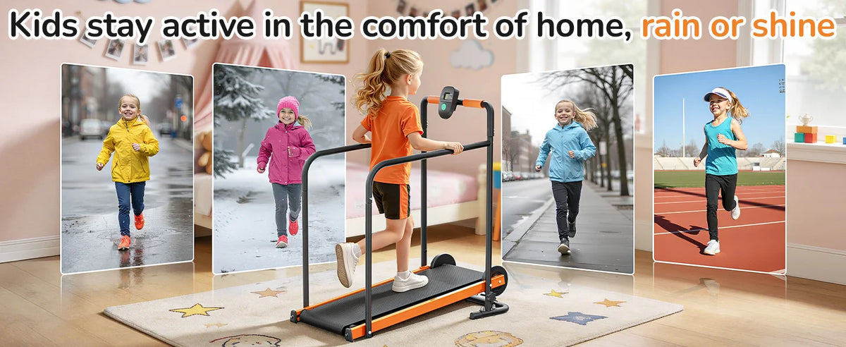 AKLUER Kids Walking Pad Treadmill - Non-Electric Indoor Exercise Equipment for Boys & Girls, Self-Propelled Fitness Toy with Front Padded Rails, Safe Active Play Gym for Home Use
