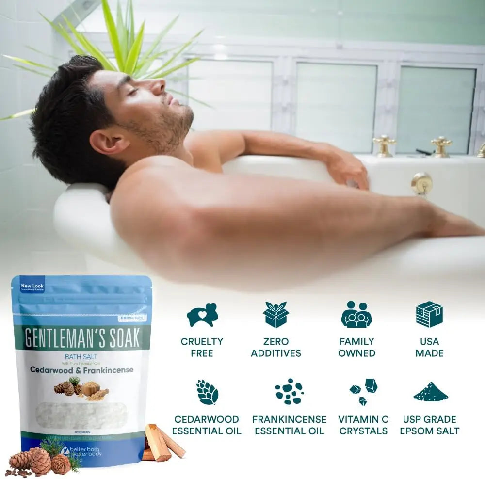 Epsom Salt Bath Soak for Men, 32 oz, Cedarwood & Frankincense, Vitamin C, BPA-Free Pouch, Made in USA