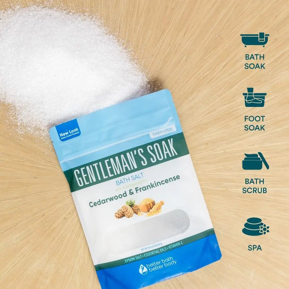 Epsom Salt Bath Soak for Men, 32 oz, Cedarwood & Frankincense, Vitamin C, BPA-Free Pouch, Made in USA