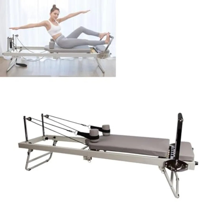 Foldable Pilates Reformer Machine with Adjustable Intensity Multifunctional Exercise Bed for Yoga and Body Training Black Steel