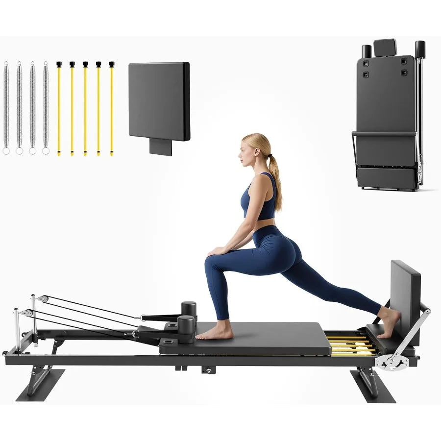 Pilates Reformer Machine 91 Foldable with Jumpboard and Wire Springs for Home Gym Black