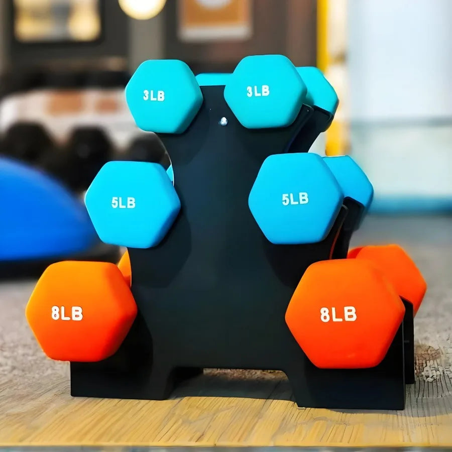 Home gym neoprene dumbbell set in black, red, blue with rack: 3lbs, 5lbs, 8lbsnon-slip, odor-resistant, space-saving design