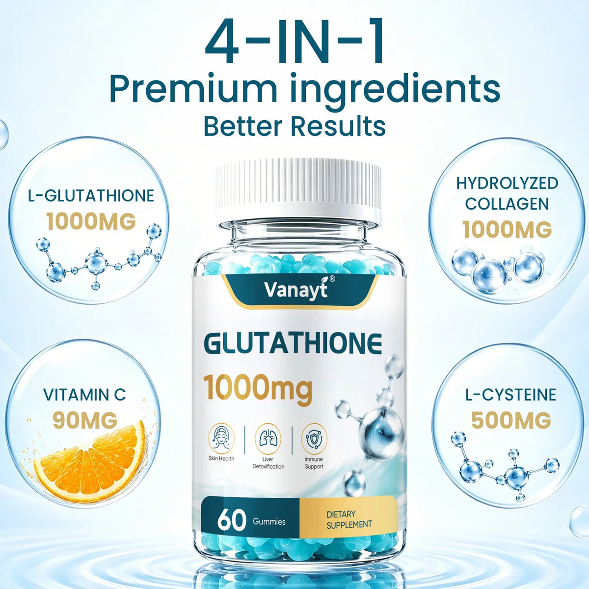 Vanayt Glutathione 1000mg Gummies Hydrolyzed Collagen Vitamin C 60Pcs Skin Health Liver Detox Immune Support Dietary Supplement