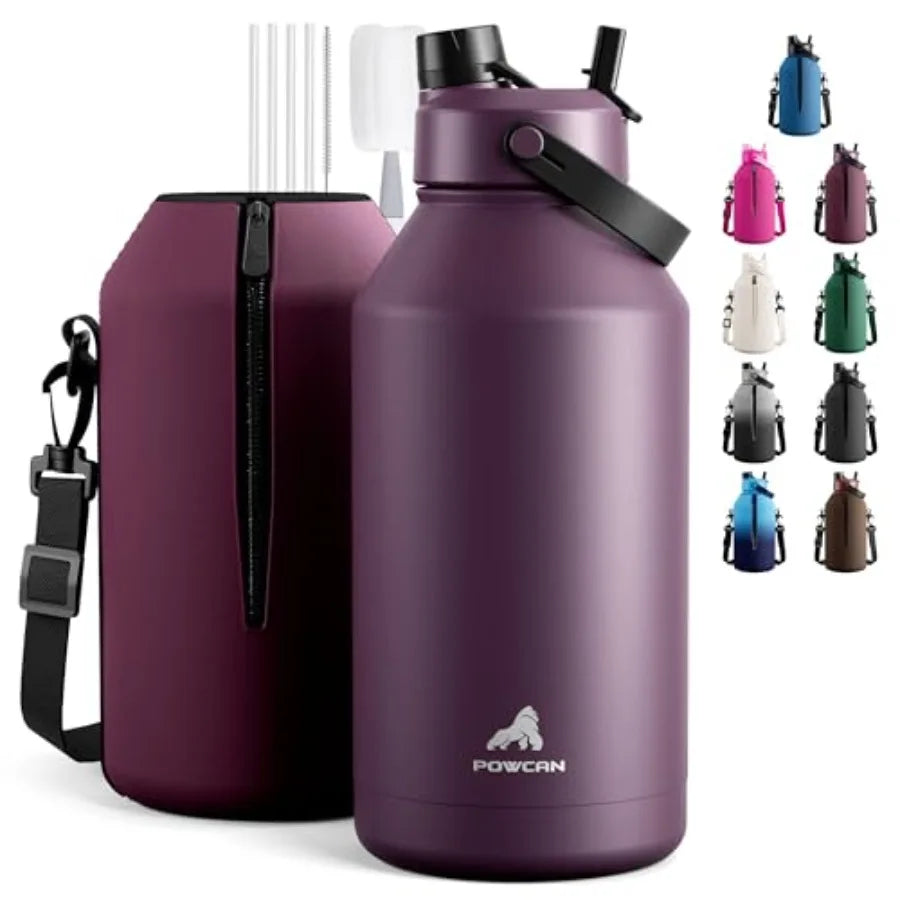 64 oz Insulated Water Bottle with 2-in-1 Straw and Spout Lid, Leakproof, Carrier Bag, Cleaning Brush, BPA-Free, Metal Water Bot