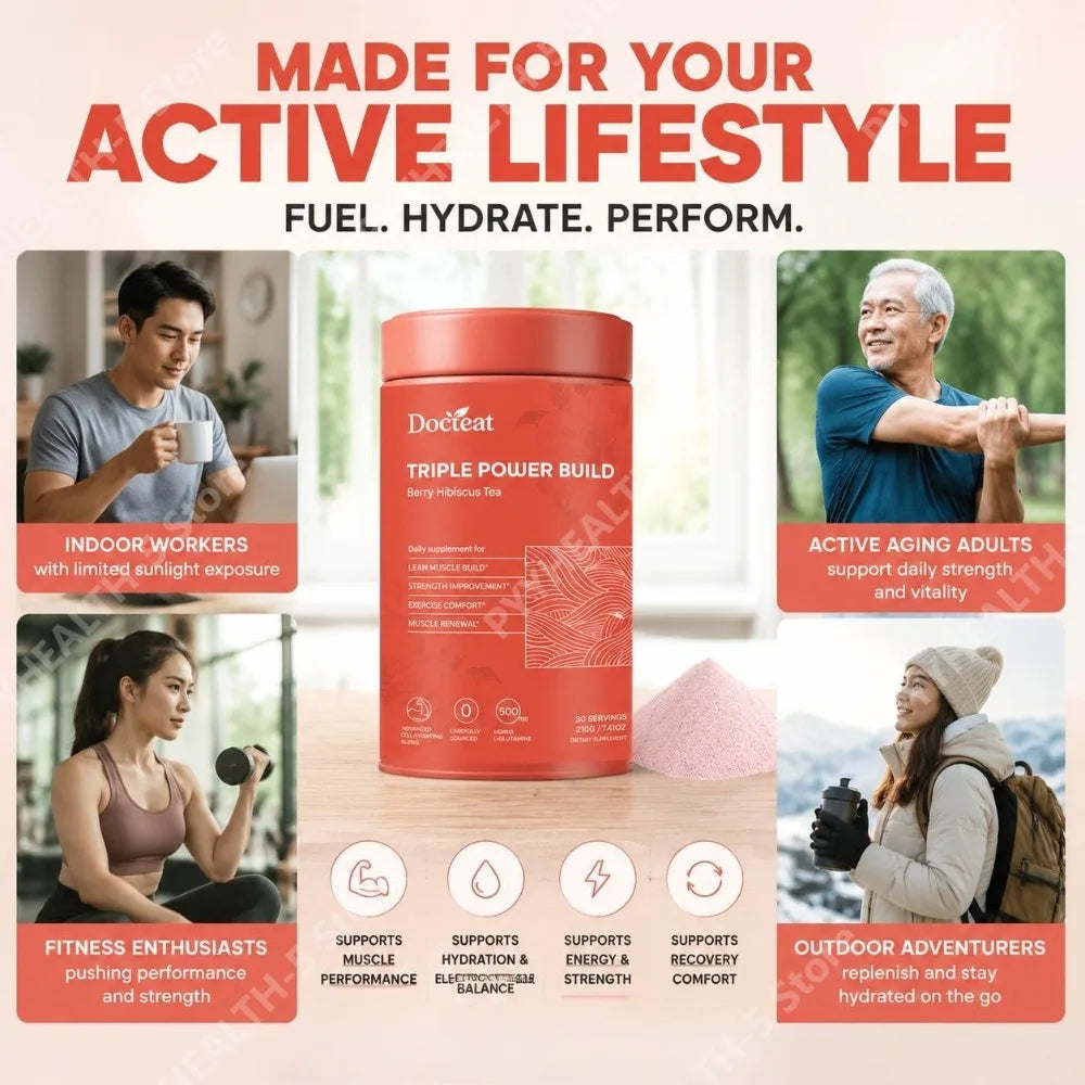 Docteat Berry Hibiscus Tea Creatine Powder with Creatine HCL and L-Glutamine, Supports Hydration and Electrolytes, 30 Servings