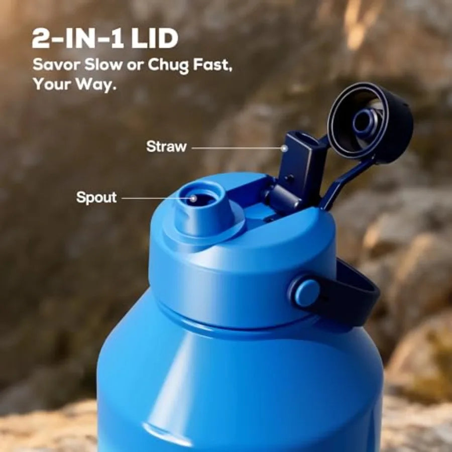 64 oz Insulated Water Bottle with 2-in-1 Straw and Spout Lid, Leakproof, Carrier Bag, Cleaning Brush, BPA-Free, Metal Water Bot