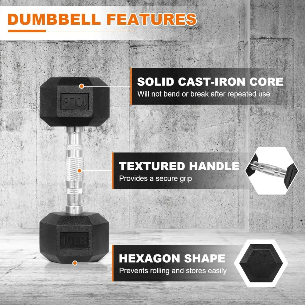 Fitvids Rubber Encased Hex Dumbbell Set with Contoured Handle for Muscle Toning Strength Building Full Body Workout Fitness Equi