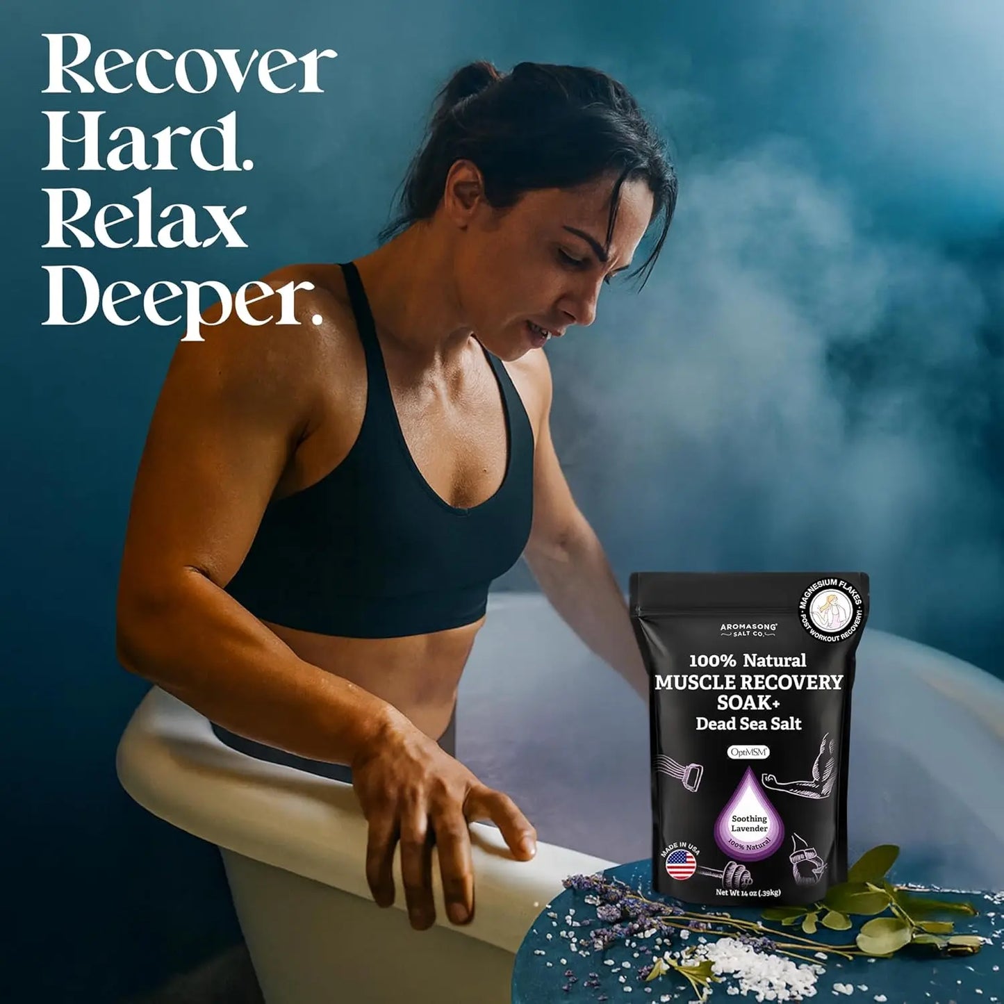 Muscle Recovery Bath Soak with Dead Sea Salt, OptiMSM, Magnesium Flakes & Essential Oils for Post Workout Soreness - Made in USA