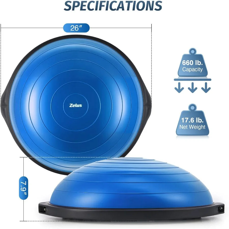 25in. Balance Ball | 660lb Inflatable Half Exercise Ball Wobble Board Balance Trainer w Nonslip Base | Half Yoga Ball Strength T
