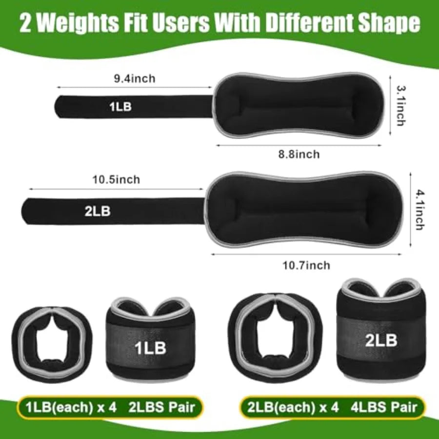 Ankle and wrist weights set for gym yoga walking jogging running; neoprene material black color; adjustable 1lb/2lb per pair so
